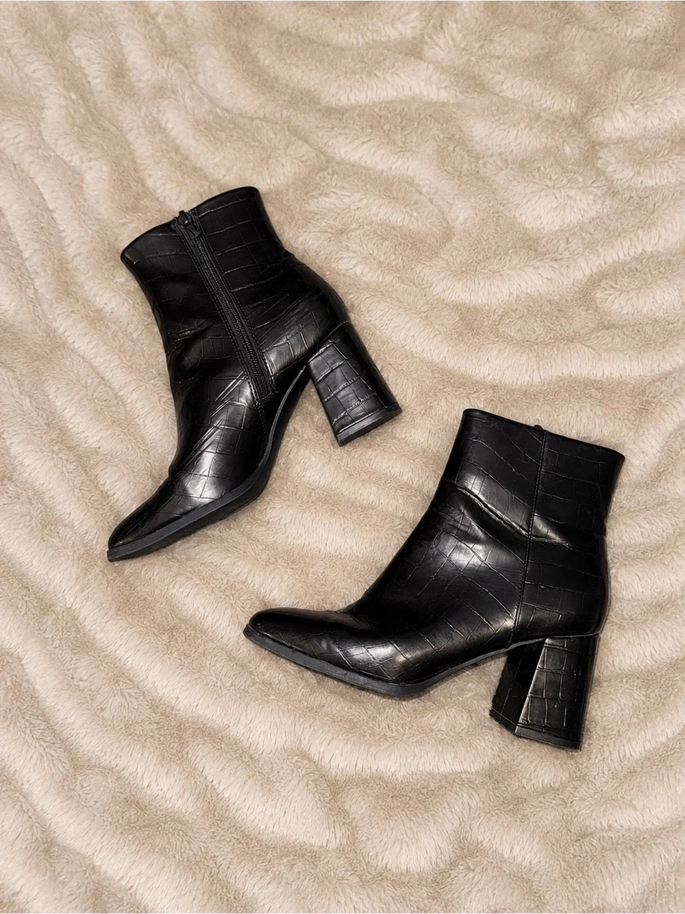 Madden Girl Black Croc-Embossed Pointed Toe Block Heel Ankle Boots